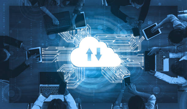 Cloud computing technology and online data storage for business network concept. Computer connects to internet server service for cloud data transfer presented in 3D futuristic graphic interface.
